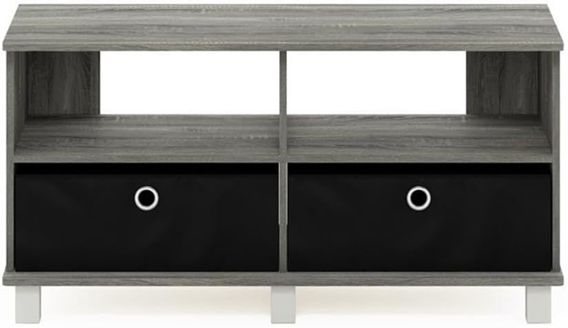 Pemberly Row Wood Entertainment Center, 37.8 in Wide, Oak Gray/Black Finish, Composite Wood, Fits TV up to 43 in, Sturdy Modern Media Stand, Rounded Edges, Functional Living Room Storage