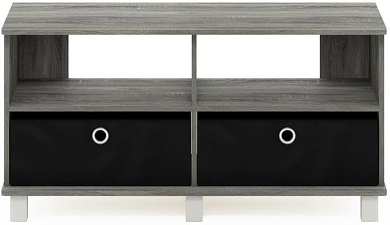 Furinno Andrey Entertainment Center with Bin Drawers, French Oak Grey/Black image 4