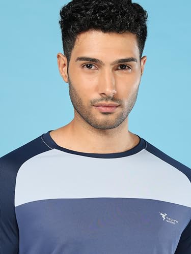 Image of TECHNOSPORT Men's Slim Fit Polyester Color Block Athleisure Crew Neck T-Shirt with Full Sleeve, Moisture Wicking and Quick Dry