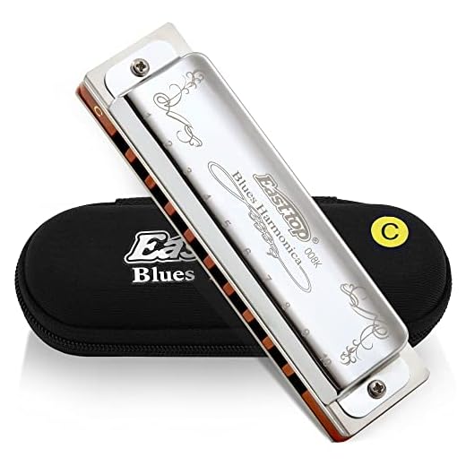 East top Harmonica Key of C 10 Holes 20 Tones 008K Blues Diatonic Mouth Organ with Silver Cover, Deluxe Harmonica C For Adults, Professionals and Students as gift