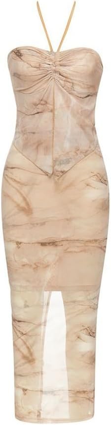 JSEIAJB Sexy Hanging Lace Splicing Printed Back Split Slim Dresses