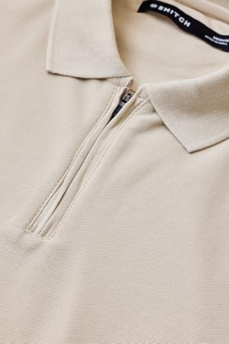 Image of SNITCH Men Polo T-Shirt | Modern Zip Closure & Textured Weave Design | 100% Cotton Breathable Fabric & Regular Fit Minimalist Style, Versatile Casual Wear
