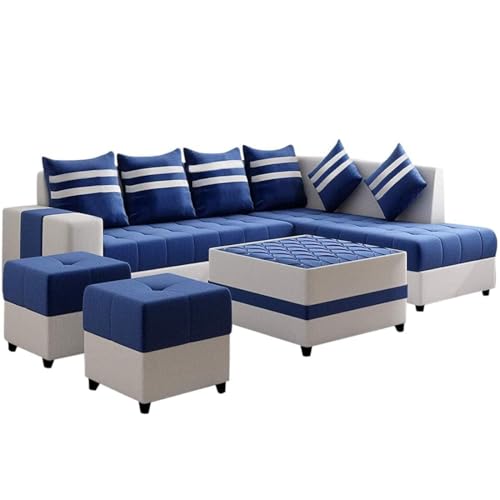 Image of FURNY Stolan 8 Seater Fabric RHS Sectional L Shape Sofa Set with Centre Table & 2 Puffy- (Blue-Light Grey)