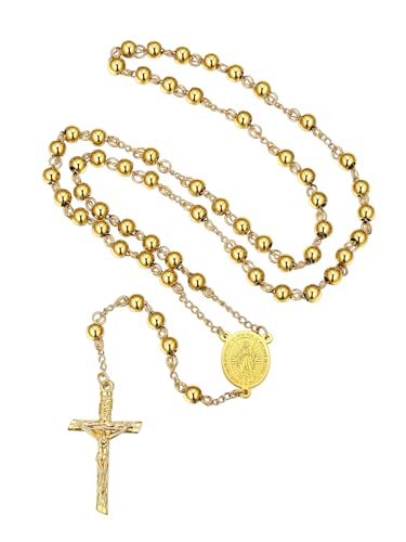 FaithHeart Collier Femme Chapelet Catholique Plaqué Or, Chaîne de Rosaire 66cm avec Pendentif Crucifix et Médaille de La Saint Vierge Marie, Bijoux Amulette...