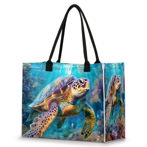 Tortoise Sea Turtle Beach Tote Bag Women Shoulder Handbag Large Utility Tote Bag for Travel Shopping Work Reusable Grocery Bags with Zipper Pouch