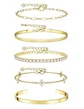 5 Gold Silver Bracelet for Women Ladies 14K Gold Plated Layered Bracelets Set Dianty Adjustable Stackable Bangles CZ Tennis Herringbone Chian Bracelets for Womens Girls Wrist Jewellery Gifts-G-Flower