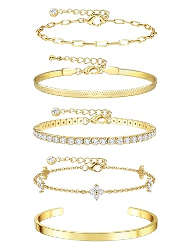 KRFY 5 Bracelet Femme Argent Or Ensemble De Bracelets Superposés Bracelet Acier Inoxydable Femme Argent Empilables Bracelets Réglable Zircon Tennis Chaîne Trombones Bijoux Bracelets Pour Filles-G-F