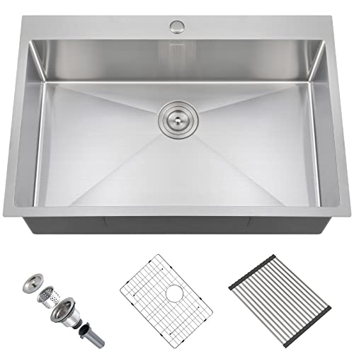 Aschael Kitchen Sink, 33X22X10 Drop In Kitchen Sink 16 Gauge Stainless Steel Single Bowl Topmount Kitchen Sink With Accessories #TOP15