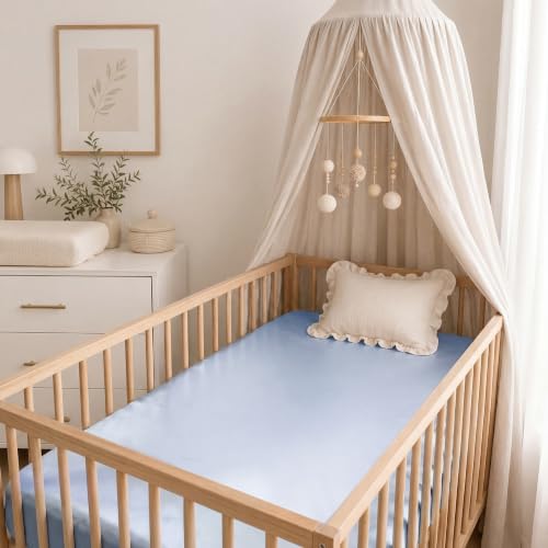 Image of Satin Crib Sheet for Baby Hair Care - Oeko-TEX Certified Silky Soft Fitted Mattress Cover 28x52 - Breathable & Gentle on Skin, Snug Fit for Standard Crib (Light Blue)