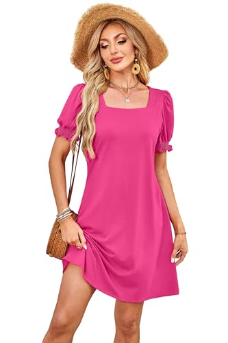 Image of RUMIA Summer Dresses for Women 2025 Casual Cute Square Neck Puff Short Sleeve Dress with Pockets