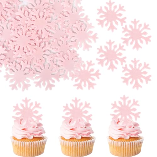 Xsstarmi Lot de 50 décorations comestibles en papier de riz pour cupcakes - Motif flocon de neige rose - Pour Noël, hiver, vacances, fête prénatale, mariage, fête d'anniversaire