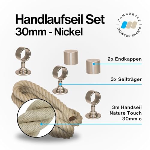 Handlaufseil-Set Ø 30 mm – 3 m Polyhanf-Seil „Nature Touch“ naturfarben mit 2 Endkappen & 3 Seilträgern, vernickelt | Treppe & Geländer