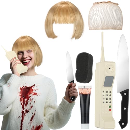DANHMAO 6 PCS Halloween Casey Scream Costume Accessories for Women Include Light Blond Wig, Hairnet, Retro Brick Phone Model, Fake Blood, Plastic Knife, Sponge, for Halloween Cosplay Party White