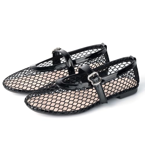 Samilor Mesh Ballet Flats for Women Buckle Strap Round Toe Mesh Flats Fishnet Flats with Strap Casual Ballerina Shoes