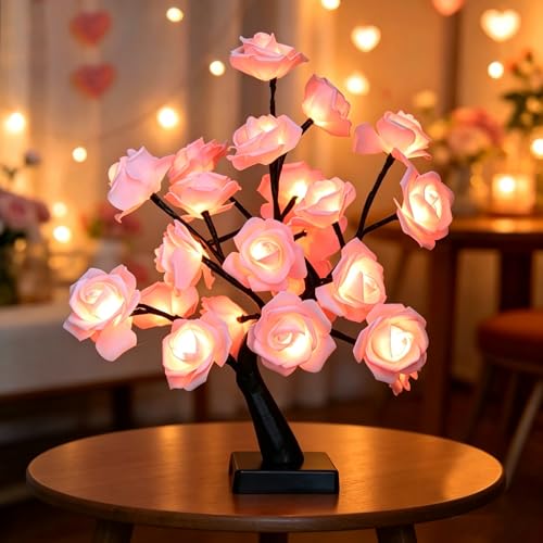 24 LED Pink Rose Tree Light Artificial Bonsai Flower Table Lamp USB Battery Powered Romantic Night Light for Bedroom Living Room Party Wedding Valentines Day Mothers Day for Her