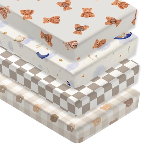 Image of 4 Pack Teddy Bear Crib Sheet Set for Boys or Girls, Neutral Soft Breathable Fitted Checkered Crib Sheet, Bear Nursery Decor for Standard Crib and Toddler Bed Mattresses 28 x 52 in
