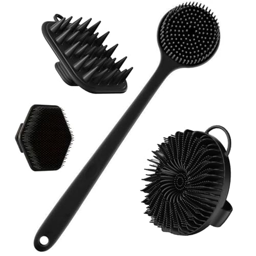 4-Pieces Body Brush Set Deep Cleaning Exfoliator for Face and Body Silicone Body Scrub Brush Gentle Body Exfoliator Shower Scrub Brush Shower Brush Soft Bristles (Black)