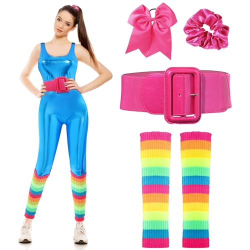 SATINIOR Women and Girl Doll Costume Accessories Set Unitard 80s Party Knit Leg Warmer Patent Leather Belt Bow Hair Tie (Blue Small)