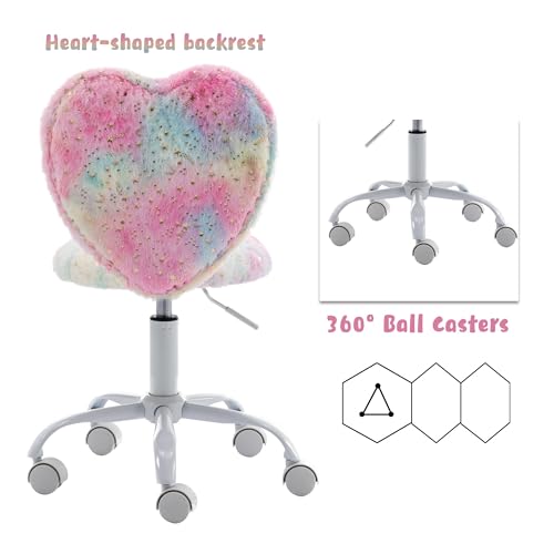 Image of Kmax Kids Reading Chair, Rolling Cute Desk Chair for Girls Swivel Office Chair with Wheels & Heart Back Adjustable Childrens Vanity Chair for Bedroom Reading Room - Faux Fur, Colorful