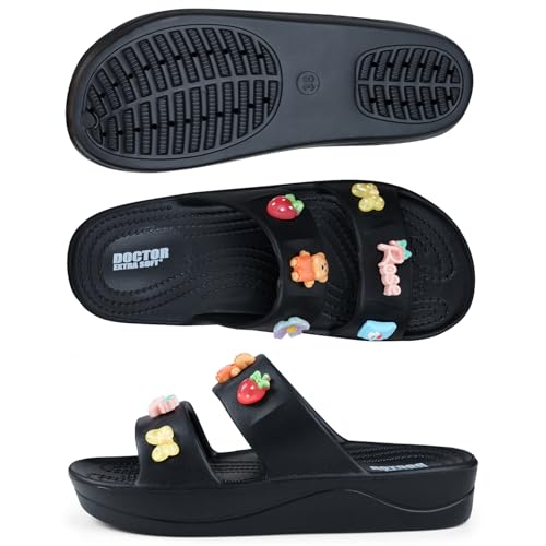 Image of DOCTOR EXTRA SOFT Women's Comfort Double Straps EVA Slip-On Slippers with Cute Charms| Lightweight, Trendy Summer Beach, Pool, Indoor & Outdoor Wear Slide| Soft Cushion Sole Sandals Daily Mules D-540