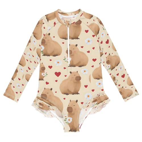 Capybara Love Daisy Flower Girls Long Sleeve Swimsuits One Piece Zipper Bathing Suit UPF 50+ Rashguard Swimwear