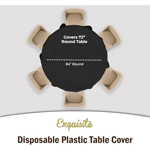Image of Exquisite 12 Pack Round Plastic Tablecloth Disposable 84 Inch Heavy Duty Waterproof Opaque Table Cover, Fits 72 Inch Tables for Party, Wedding, Graduation, Picnic, BBQ Black