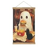 Jubonexis Lienzo decorativo para colgar pósteres, marco de madera, diseño de fantasma comiendo una hamburguesa y papas fritas