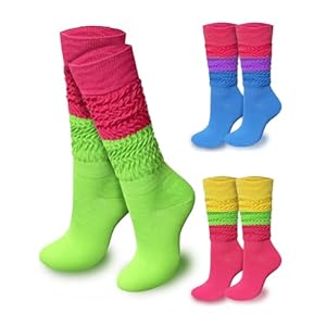 3 Pairs Neon Slouch Socks for Women, 80s 90s Neon Women’s Leg Warmers Heavy Soft Extra Long Scrunchy Socks 80s Accessories for Women