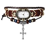 JewelryWe Orologio vintage da donna, cinturino intrecciato multistrato, vintage, orologio analogico al quarzo, con ciondolo a forma di foglia e farfalla, misura regolabile, regalo per donne e ragazze