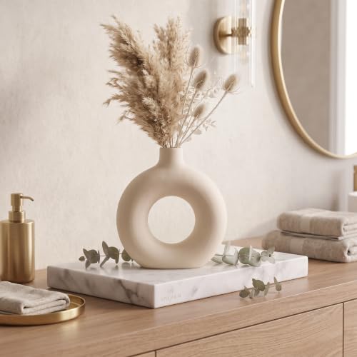 Image of Modern White Ceramic Donut Vase Decorative Flower Vase for Home Decor 5 inch