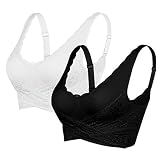 Vertvie Damen Spitze Sport BH Vorderverschluss Ohne Bügel Bustier Verstellbare Klassische Yoga Bra Push Up Gepolstert Bralette Wohlfühl-BH(Schwarz+Weiß, EU L/Tag XL)