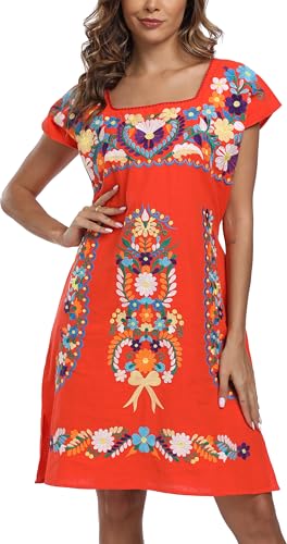 Image of YZXDORWJ Women Mexican Embroidered Dress Ruffle Collar Sleeveless