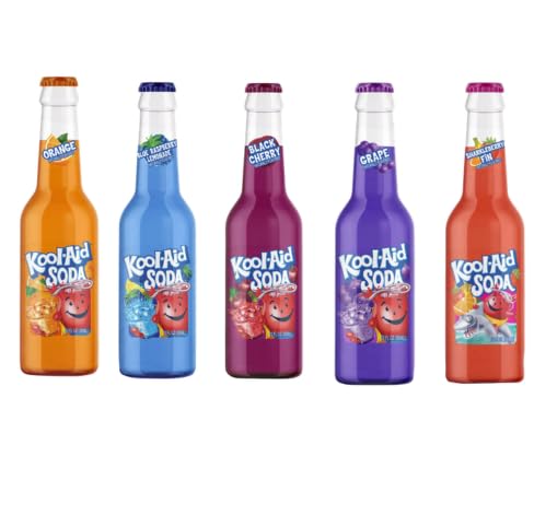 Kool Aid Soda Variety Pack – 5 Flavor Assortment, 12 oz Glass Bottles – Grape, Blue Raspberry Lemonade, Orange, Black Cherry & Sharkleberry Fin – New Fizzy Kool Aid Drinks
