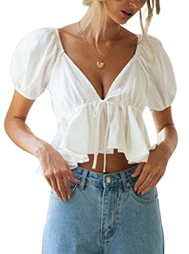Remidoo Women's Puff Short Sleeve Tie Back V Neck Ruffle Hem Peplum Crop Tops White Medium #TOP2