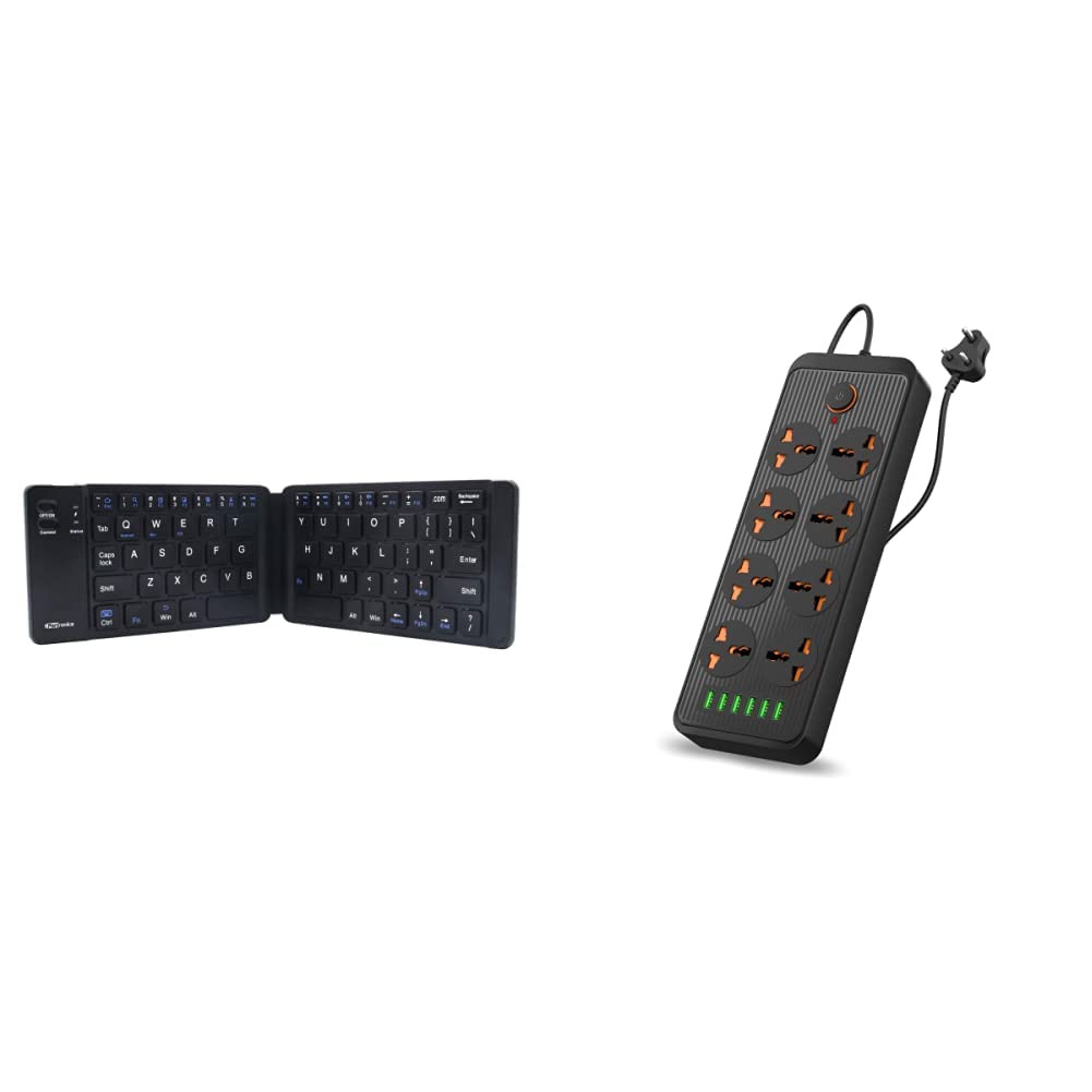 Portronics Chicklet POR-973 Foldable QWERTY Keyboard, Mini Pocket Sized & Power Plate 7 with 6 USB Port + 8 Power Sockets Smart Electric Universal Extension Board Multi Plug with 2500W