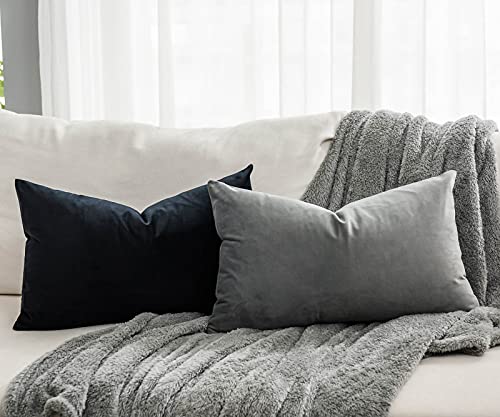 Quafoo Black Velvet Decorative Lumbar Throw Pillow Covers 16X24,Pack Of 2 Luxury Solid Soft Cushion Case For Sofa Couch Bed #TOP1
