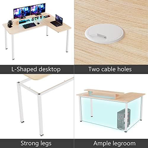 EUREKA ERGONOMIC Gaming Desk with Monitor Stand & LED Strip,155×110cm L Shaped Corner Computer Desk,Modern Home Office Study Writing Desk With Full Mouse Pad, Easy to Assembly, Right Side Maple
