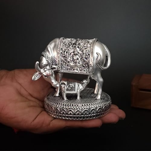 Image of Gold Art India Kamdhenu Cow and Calf Idol | Silver Plated Antique Finish Decorative Murti | 6.35 cm x 6.35 cm | Sacred Gau MATA Statue for Home Temple & Gift