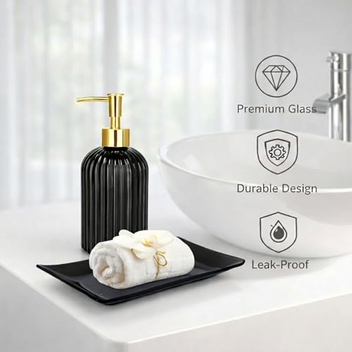 Image of Luxe Home International Vertical Ribber Pattern Glass Soap Dispenser for Bathroom and Kitchen Sink Leak Proof Liquid Hand Wash Round Bottle Lightweight Smooth Finish (19.5x7.5 cm Black) Pack of 1