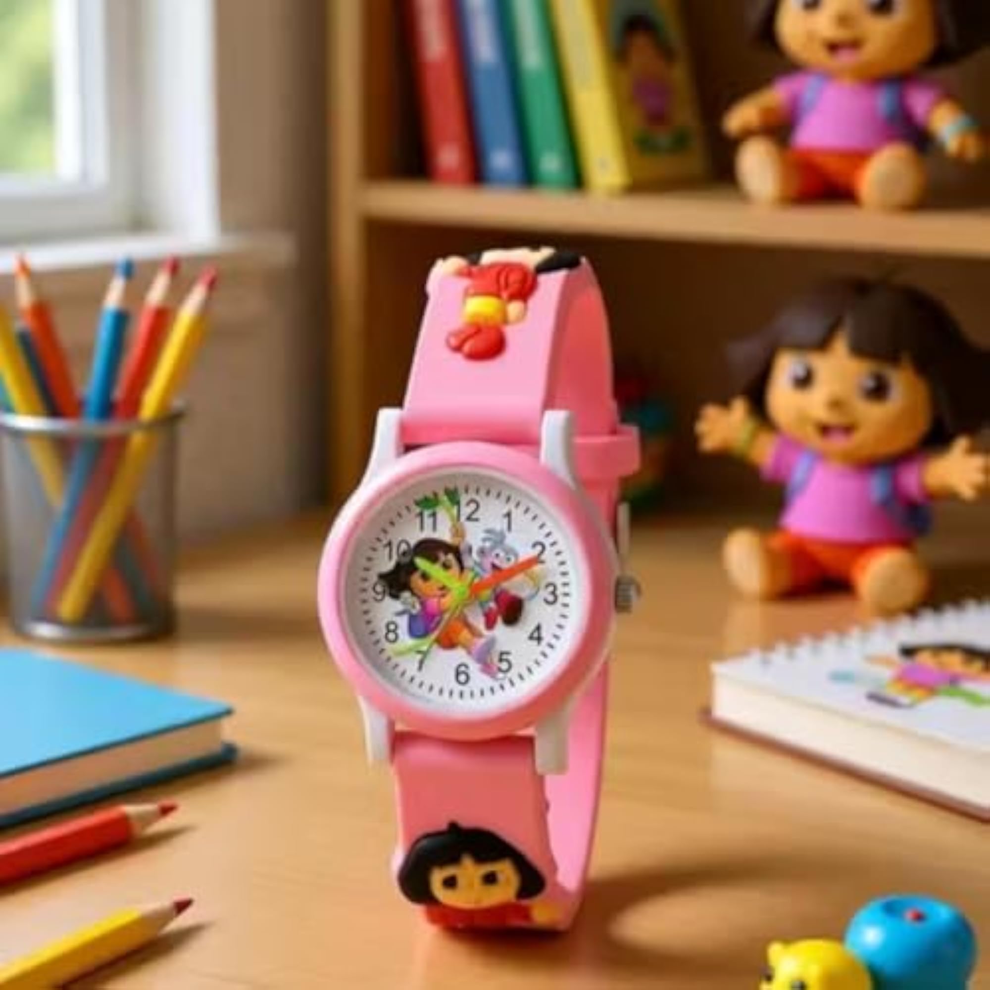 Kids' Cartoon Analog Watch with Pink Silicone Strap