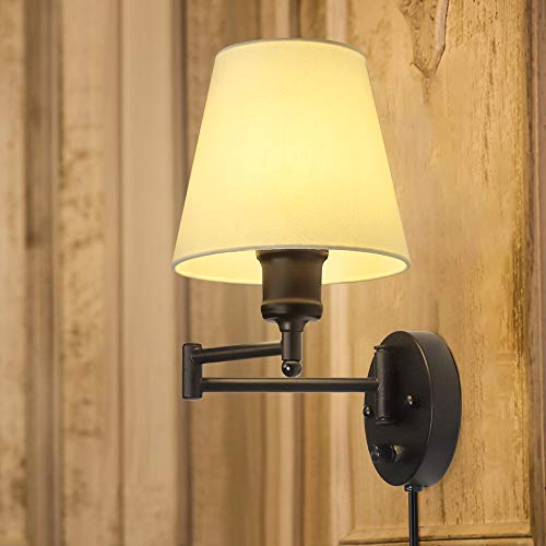 Plug in Wall Sconce Set of 2, Swing Arm Wall Light Fixtures with White Fabric Lampshade, Modern Reading Wall Lights for Bedroom Hallway Living Room - Thumbnail 5