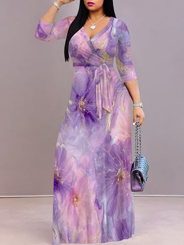 Image of SUZONANA Plus Size Dresses for Women Floral Print Maxi Dress Flowy 3 /4 Sleeve with Belt