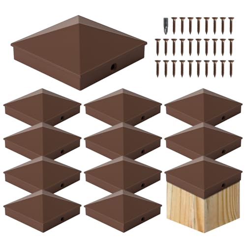 Image of VIVIDA 4x4 Aluminum Post Caps(Actual 3.5 inch x 3.5 inch), Metal Fence Post Caps with Waterproof Matte Powder Coated, for Wooden Fence, Deck, Mailbox, Patio, Screw & Driver Bit Included, Brown, 12 Pack