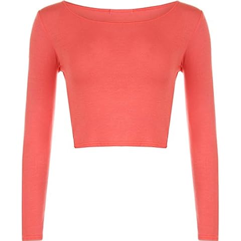 New Womens Crop Long Sleeve Cropped Crop Top T Shirt Ladies Short Plain Round Neck Top 8 - 14 (M/L (UK 12 - 14), RED) Cover