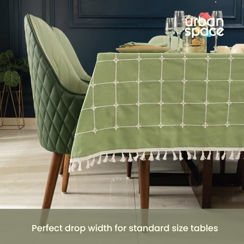 Image of Urban Space 100% Cotton Rectangular Dining Table Cover 6 Seater,Premium Embroidered Cotton Table Cloth for Center Table with Tassels,Rectagular Table Cover 48 inch x 92 inch(6 Seater,Aura Checks sage Green)