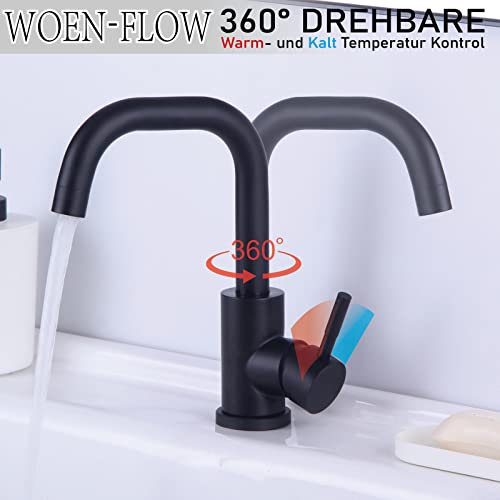 Wasserhahn Bad Schwarz, 360° Schwenkbar Waschtischarmatur, L Form Hohem Auslauf Mischbatterie Armatur, Einfache Montage Waschbecken Armaturen für Kleine Küche Bad