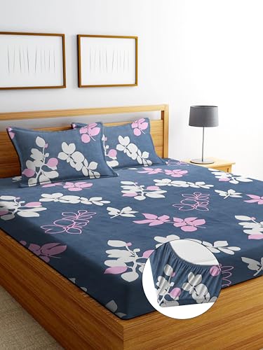 Image of DECORUM Glace Cotton Fitted 1 Bedsheet King Size (72 inchx78 inch) | All Around Elastic | Cotton Feel | 2 Pillow Covers (17 inchx27 inch) | Fits Up to 8 inch Mattress | 200-220 TC | Printed Double Bed Sheet Set