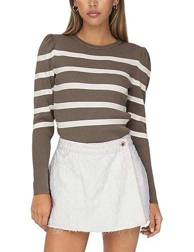 ONLY Damen Onlsally L/S Puff KNT Noos Pullover, Walnut/Stripes:Cloud Dancer,XL 1