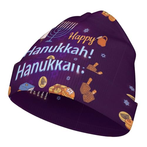 Happy Hanukkah Jewish Chanukah Holiday Kids Beanie Hat for for Girls Boys Children Cap Winter Knitted Chemo Cancer Headwear Accessories Gifts Decoration Black