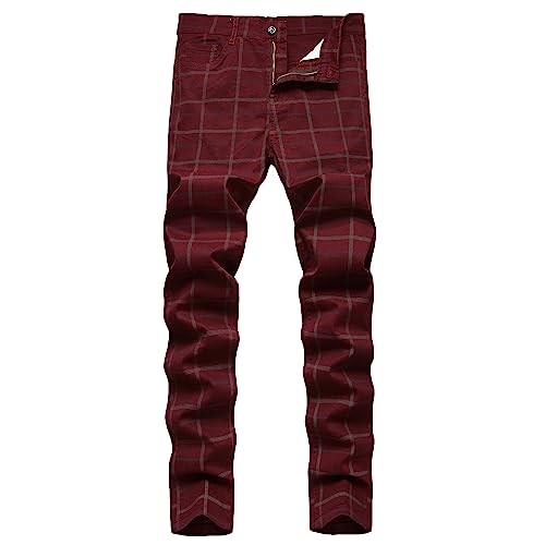 Plaid Pants for Men, Stretch Mens Slim Fit Dress Pants Skinny Flat-Front Fashion Business Casual Chinos Pants